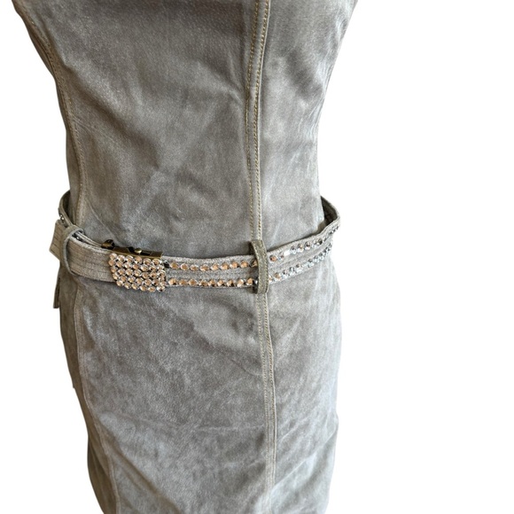 Vintage Wilsons Leather Suede Leather Mini Dress Size SM Green 90s Biker Bodycon - Picture 4 of 16